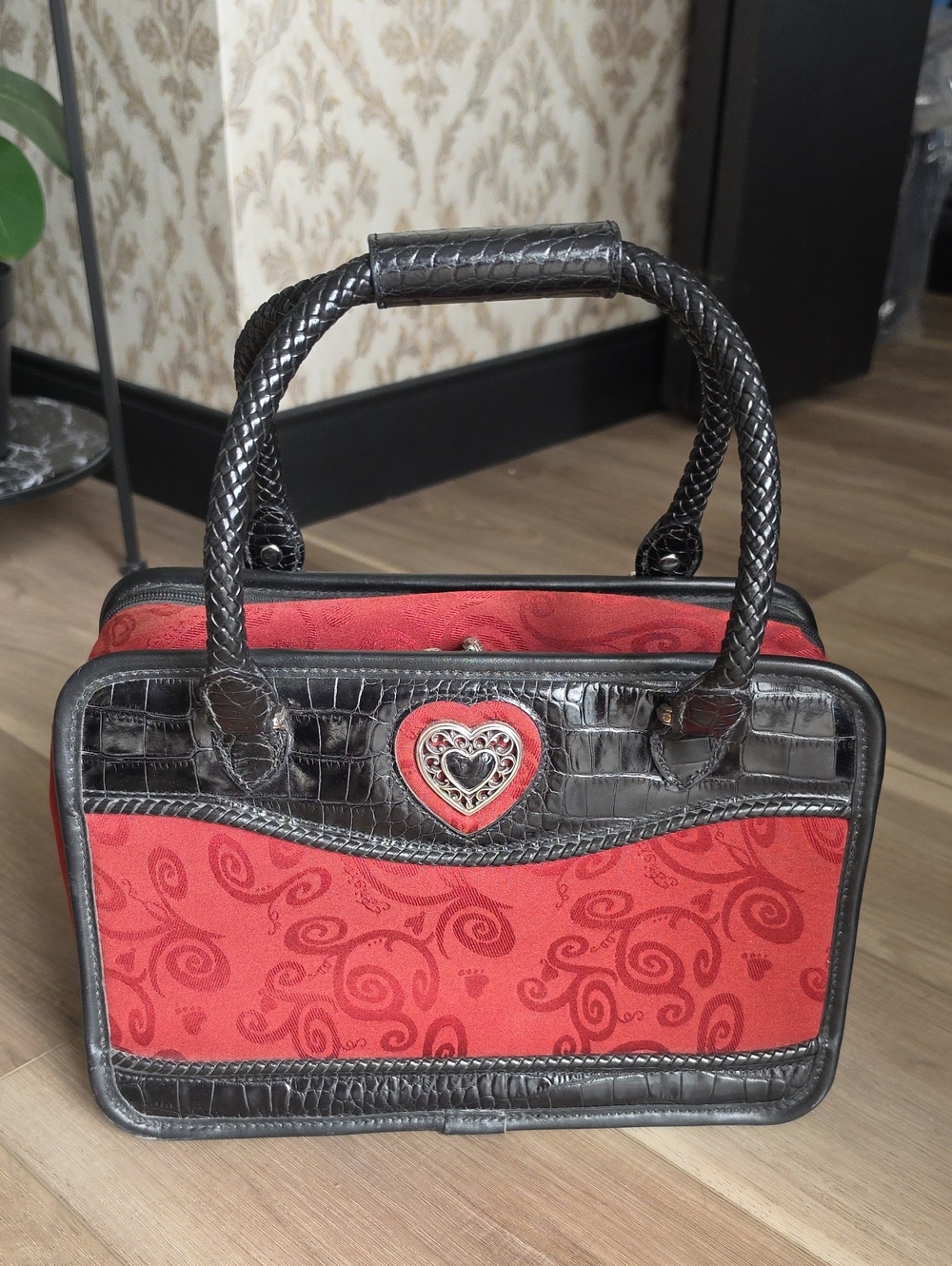 Brighton Red Patterned Cosmetic Bag with Black Trim and Heart Accent